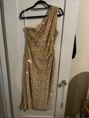 Petal & Pup One-Shoulder Gold Sequin Dress